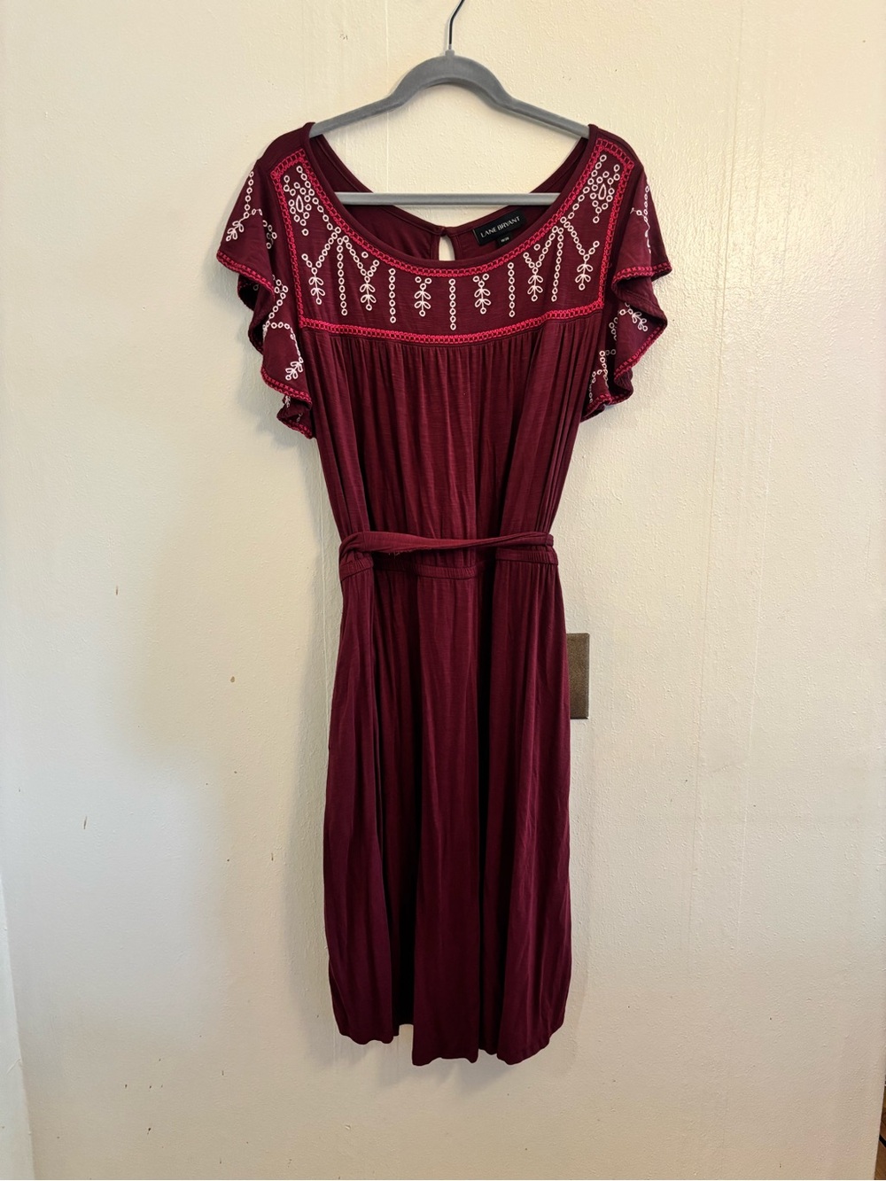 Lane Bryant Burgundy Embroidered Flutter Sleeve Midi Dress with Pockets